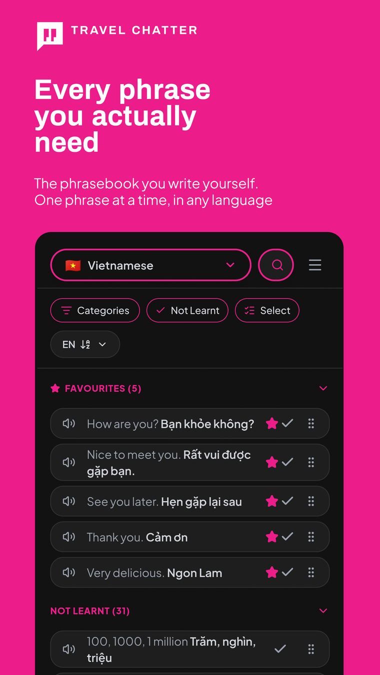 Travel Chatter app screenshot: every phrase you actually need