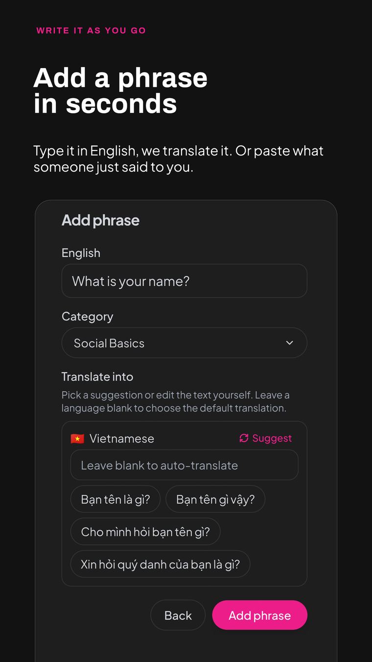 Adding a phrase in Travel Chatter, with translation suggestions