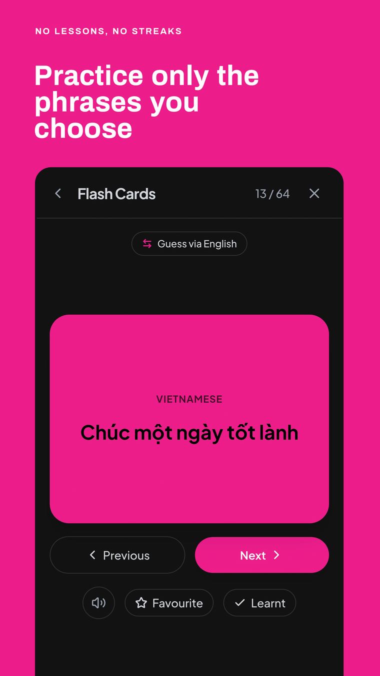 Flash card study mode in Travel Chatter
