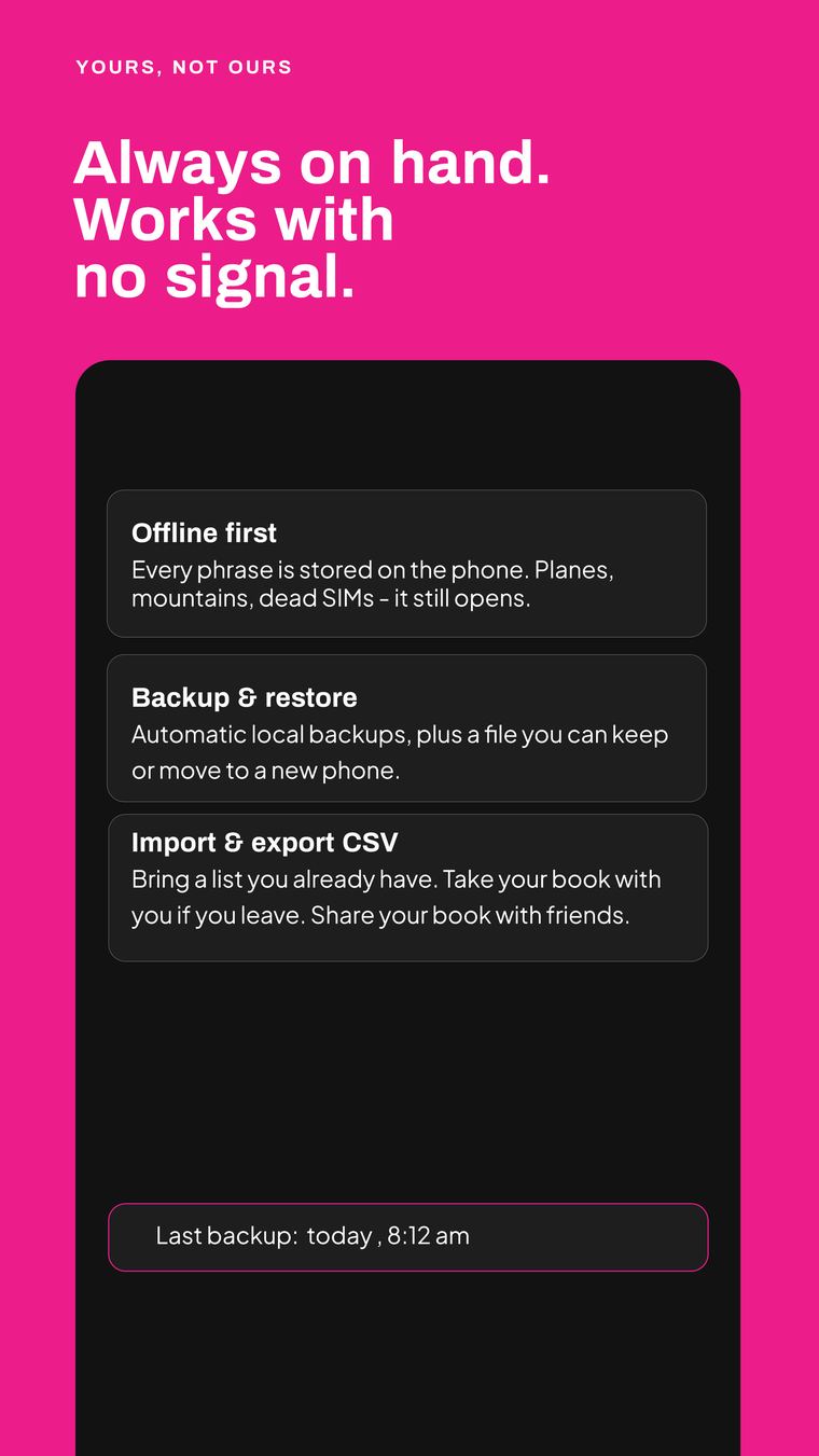Offline access, backup, and CSV export in Travel Chatter